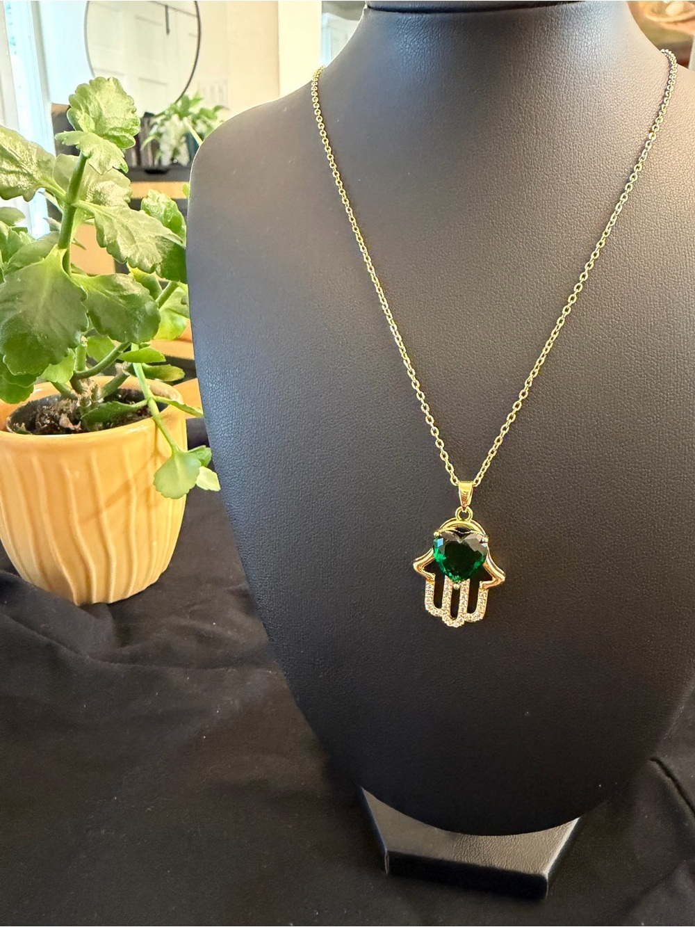 Gold Hamsa Pendant Necklace with Emerald Green Stone